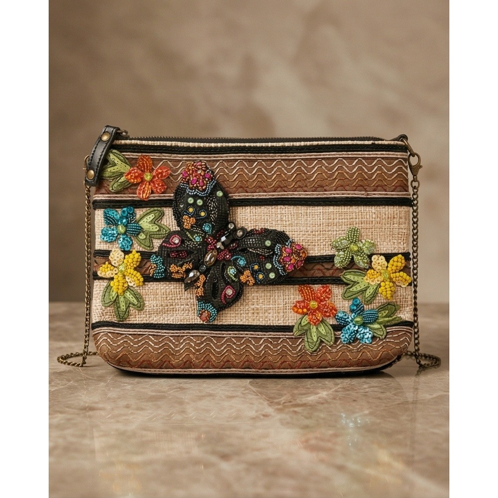 Mary Frances Butterfly Beaded Crossbody Bag Straw Floral Sequin Chain Brown